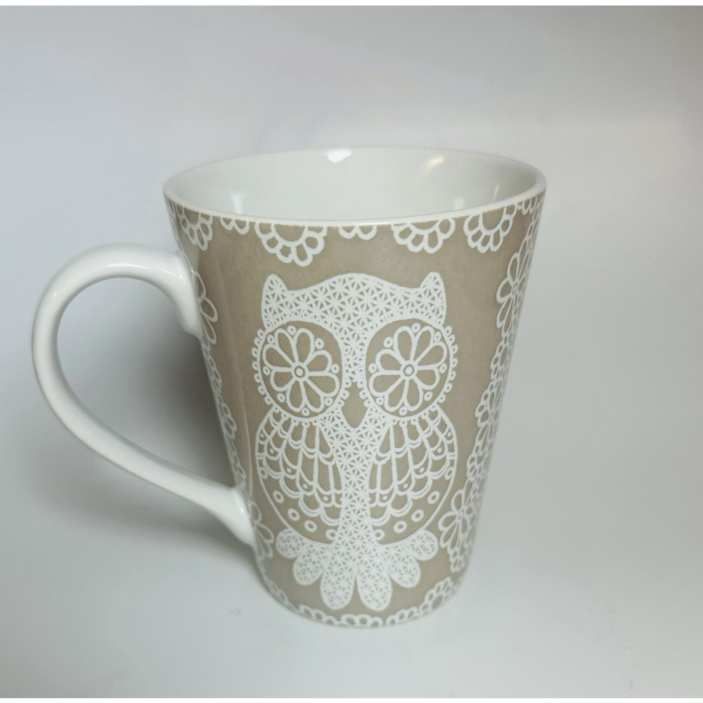 Roscher Lace Owl Coffee Mug Beige White Collection Ceramic Owl Mug Owl Tapered